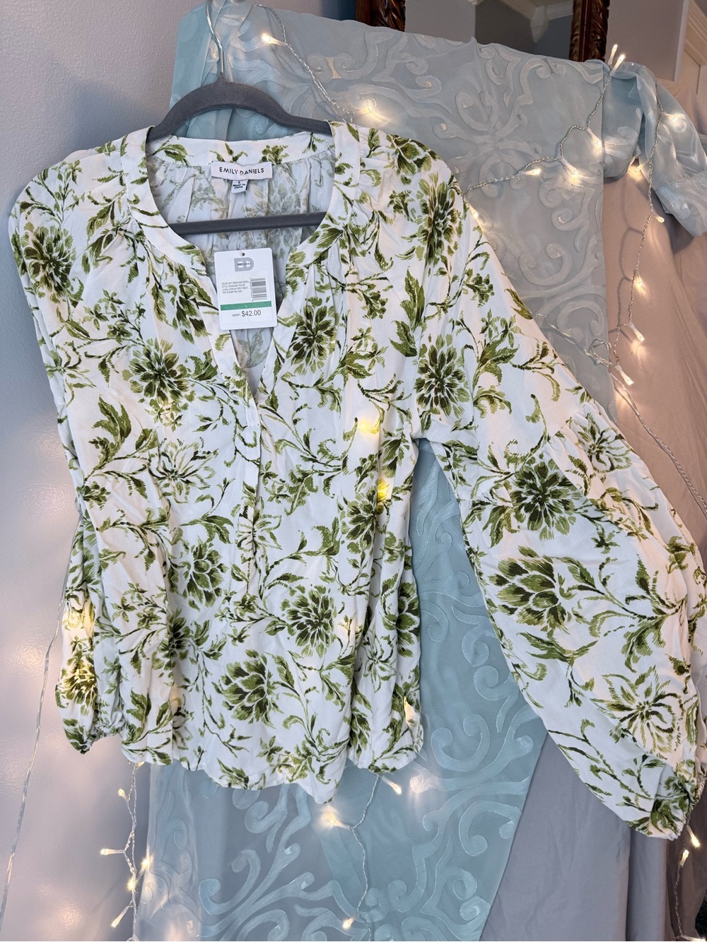 NWT Emily Daniels White Green Floral Balloon Sleeve Blouse Size L